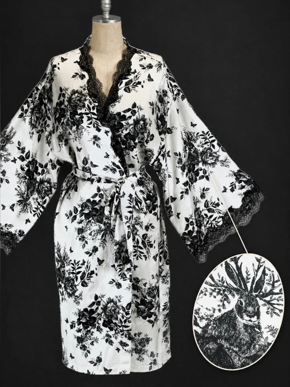 Victorias Secret Hidden Bunny Toile satin robe rabbit butterfly floral black xs